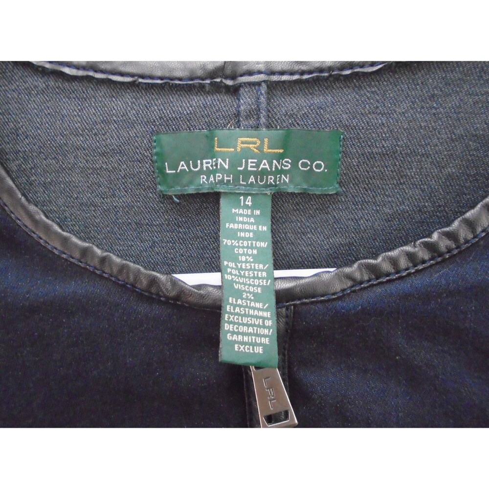 Ralph Lauren Womens Denim Biker MOTO Jacket Size 14 Dark Wash Faux Leather Trim - Picture 4 of 10